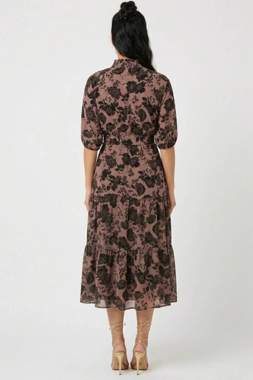 NEW LAUNDRY BY SHELLI SEGAL print smocking mock neck belted dress in black flora - Picture 2 of 2